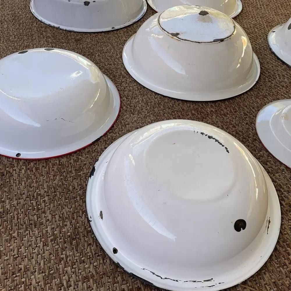 Vintage Enamel Bowl Lot Of 8 White Large Various Size Metal Serving Ware